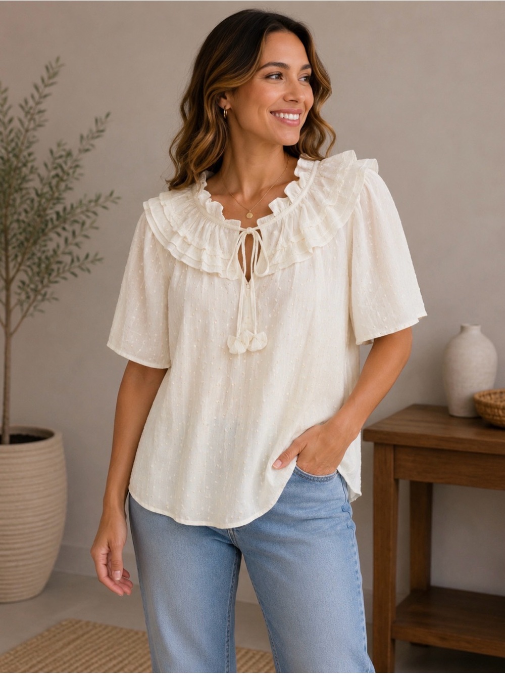 Umgee Women’s Blouse Size M Ivory Ruffle Neck Tie Front Textured Top NWT